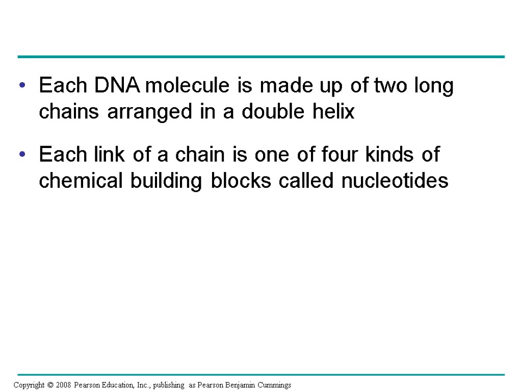 Each DNA molecule is made up of two long chains arranged in a double